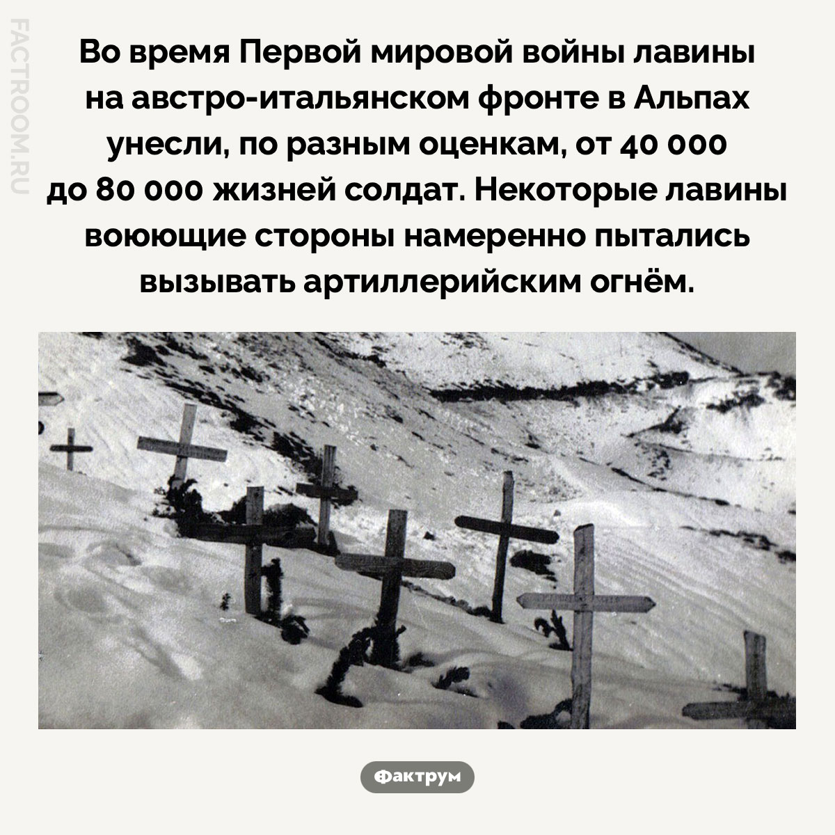 На Альпийском фронте Первой мировой лавины убили десятки тысяч солдат. Во время Первой мировой войны лавины на австро-итальянском фронте в Альпах унесли, по разным оценкам, от 40 000 до 80 000 жизней солдат. Некоторые лавины воюющие стороны намеренно пытались вызывать артиллерийским огнём.