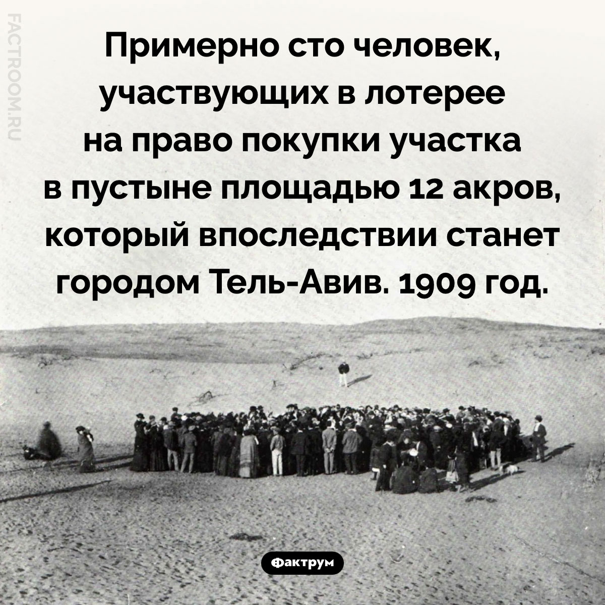 Участок под Тель-Авив. Примерно сто человек, участвующих в лотерее на право покупки участка в пустыне площадью 12 акров, который впоследствии станет городом Тель-Авив. 1909 год.