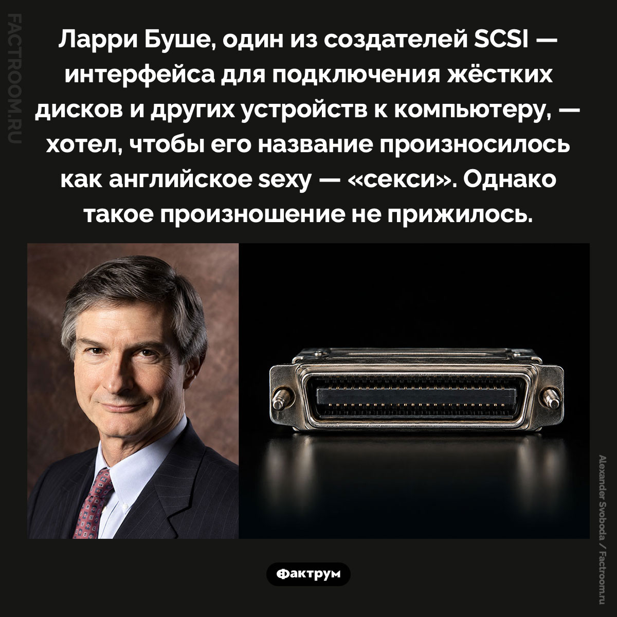 SCSI — это «секси». Ларри Буше, один из создателей SCSI — интерфейса для подключения жёстких дисков и других устройств к компьютеру, — хотел, чтобы его название произносилось как английское sexy — «секси». Однако такое произношение не прижилось.
