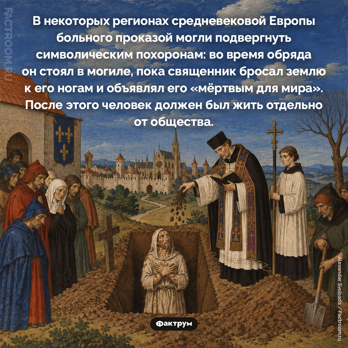 Средневековых больных проказой иногда символически хоронили заживо. В некоторых регионах средневековой Европы больного проказой могли подвергнуть символическим похоронам: во время обряда он стоял в могиле, пока священник бросал землю к его ногам и объявлял его «мёртвым для мира». После этого человек должен был жить отдельно от общества.