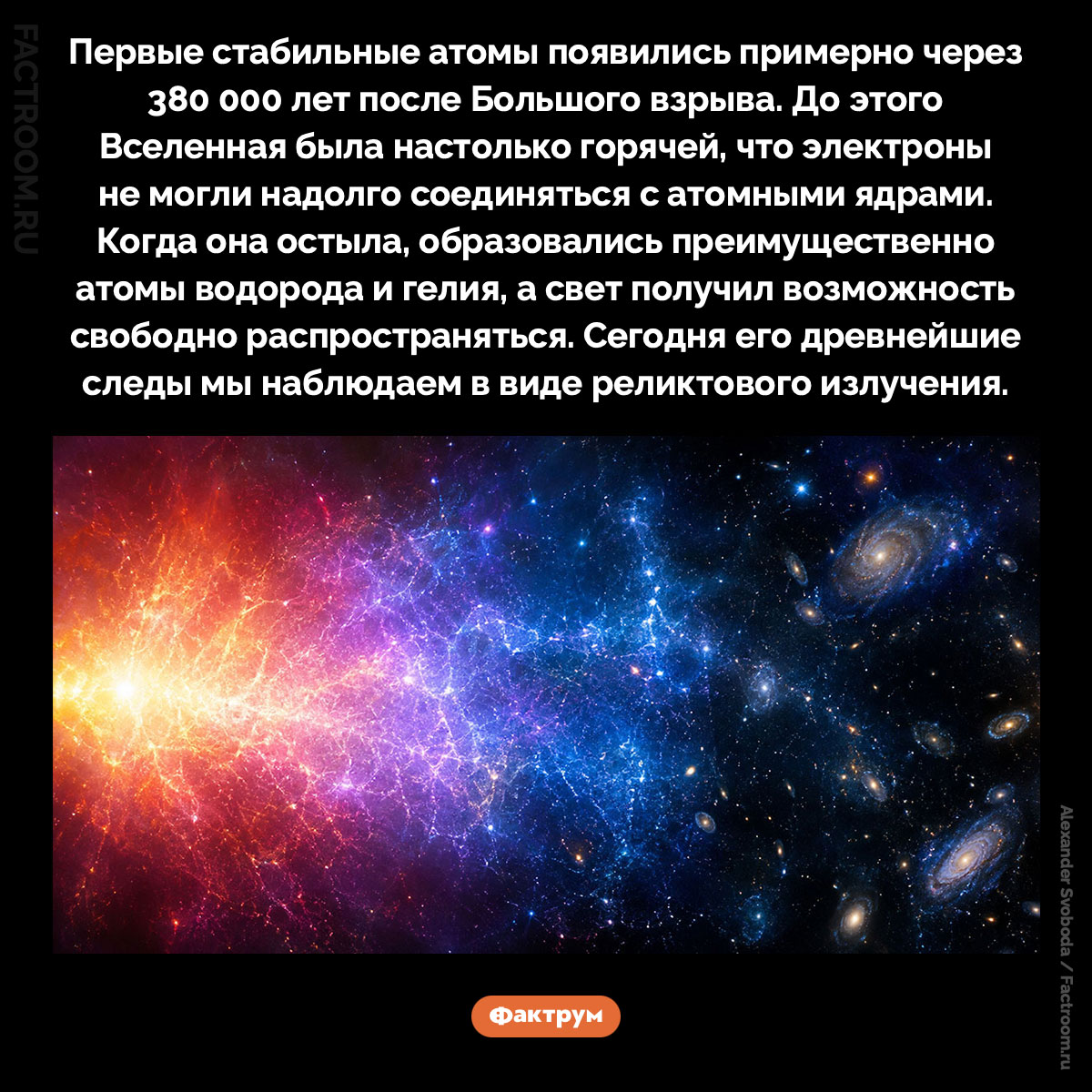 Первые стабильные атомы появились примерно через 380 000 лет после Большого взрыва. Первые стабильные атомы появились примерно через 380 000 лет после Большого взрыва. До этого Вселенная была настолько горячей, что электроны не могли надолго соединяться с атомными ядрами. Когда она остыла, образовались преимущественно атомы водорода и гелия, а свет получил возможность свободно распространяться. Сегодня его древнейшие следы мы наблюдаем в виде реликтового излучения.