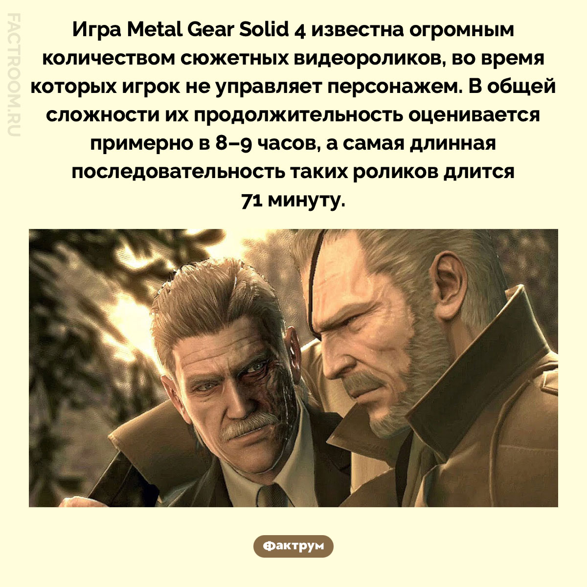 Рекорд Metal Gear Solid 4. Игра Metal Gear Solid 4 известна огромным количеством сюжетных видеороликов, во время которых игрок не управляет персонажем. В общей сложности их продолжительность оценивается примерно в 8–9 часов, а самая длинная последовательность таких роликов длится 71 минуту.