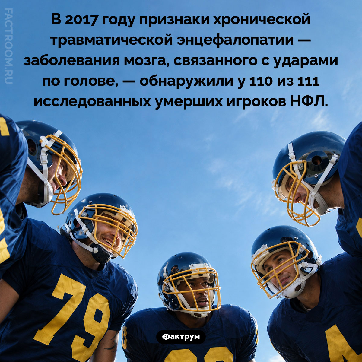 У 99% исследованных мозгов бывших игроков НФЛ обнаружили признаки энцефалопатии. В 2017 году признаки хронической травматической энцефалопатии — заболевания мозга, связанного с ударами по голове, — обнаружили у 110 из 111 исследованных умерших игроков НФЛ.